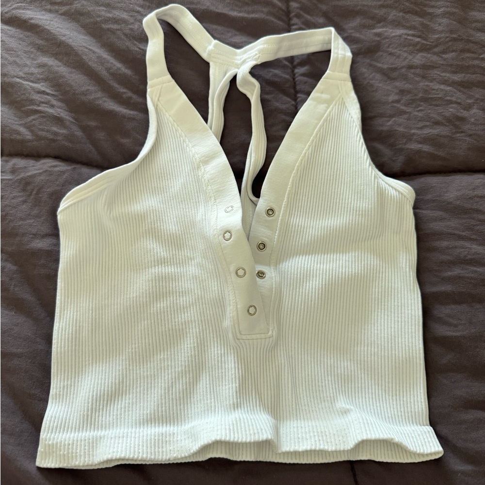 Free People White Button Up Ribbed Halter Top